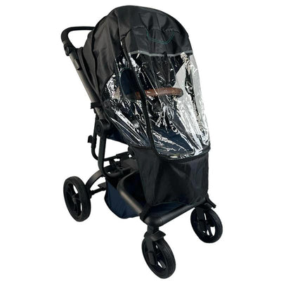 Ezi Rain Cover for strollers, featuring a transparent front and black material, designed for eco-friendly protection.