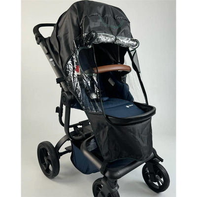 Ezi Rain Cover for strollers, featuring a clear front shield, black fabric, and brown handlebar for weather protection.