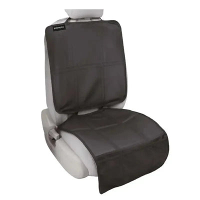 Premium black Ezimoov seat protector fitted over a car seat, designed to protect upholstery from spills and stains.