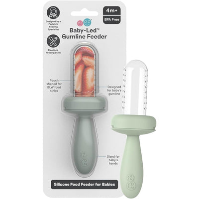 Silicone Baby-Led Gumline Feeder in Sage color, designed for infants 4 months and up, promotes self-feeding skills.