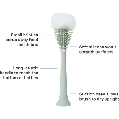 Bottle brush cleaner in sage color with small bristles, a sturdy handle, and a suction base for upright drying.