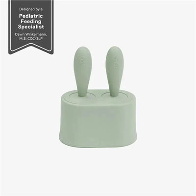 Ezpz Tiny Popsicle Mold Set in sage green with two wands, designed for children by a pediatric feeding specialist.