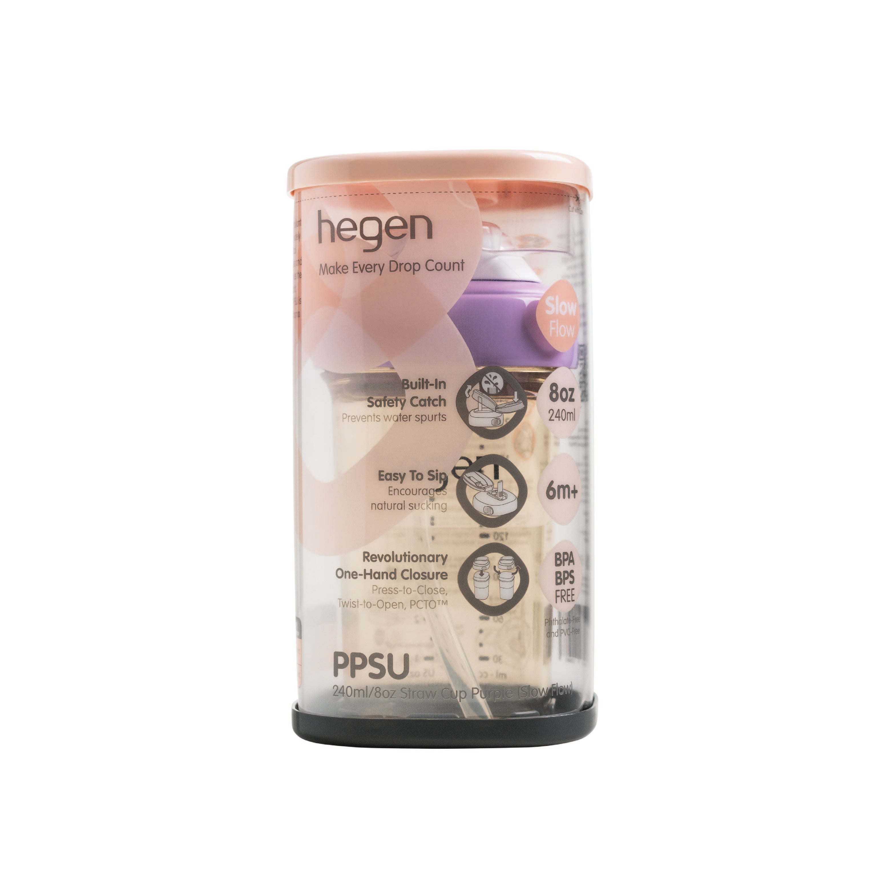 Hegen PPSU Straw Cup - 6 Months Plus - 240ml/8oz - Purple