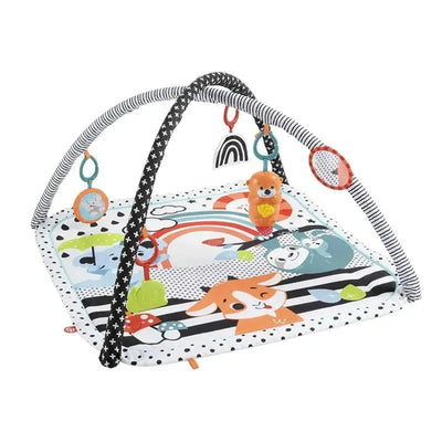 Fisher Price 3-in-1 Music, Glow and Grow Gym Play Mat featuring colorful animal graphics, hanging toys, and a soft padded surface.