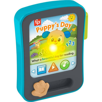 Fisher Price Laugh & Learn Puppy’s Storytime Reader tablet, featuring colorful graphics, buttons, and a glowing light.