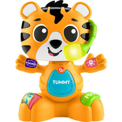 Colorful tiger toy features buttons for learning letters and music, with illuminated tummy and interactive features.