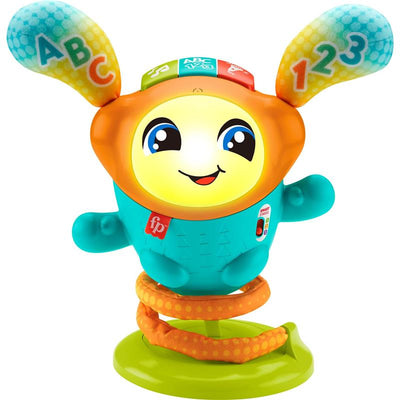 Interactive learning toy featuring a smiling character with music buttons, colorful lights, and educational content for toddlers.