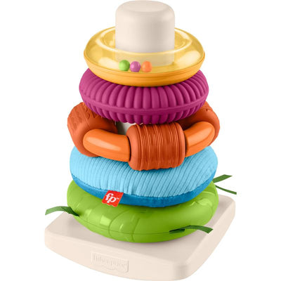 Colorful Fisher Price Baby Toy Sensory Rock-a-Stack with five textured rings stacked on a base, designed for sensory play.