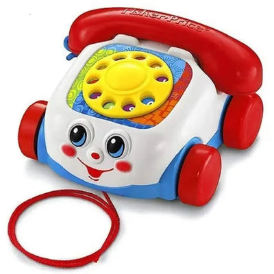 Classic Fisher Price Chatter Telephone with a smiling face, bright colors, rotary dial, and red pull string for toddlers.