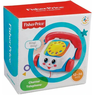 Fisher Price Chatter Telephone box featuring a smiling toy phone with a rotary dial and bright colors, labeled for ages 12-36 months.