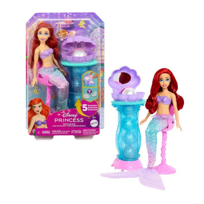 Fisher Price Disney Princess Ariel Mermaid Surprise Playset featuring Ariel doll, vanity, shell mirror, and surprise accessories.