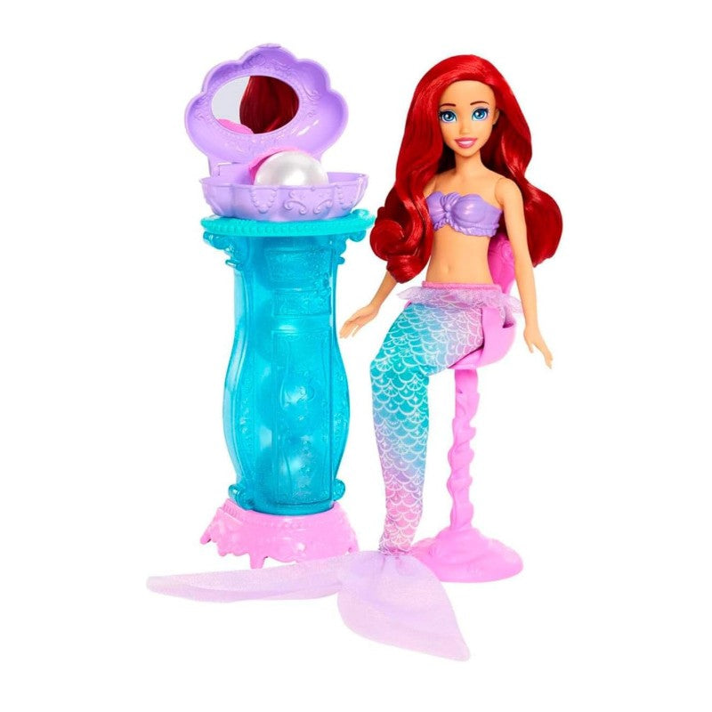 Fisher Price Disney Princess Ariel doll with a mermaid tail and a playset featuring a pearl mirror and stand.