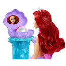 Fisher Price Disney Princess Ariel Mermaid Surprise Playset features Ariel doll with vibrant red hair, a pearl in a purple shell on a turquoise pedestal.