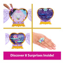 Fisher Price Disney Princess Fashion Doll Reveal featuring a heart-shaped case with hidden compartments and a ring. Features 8 surprises inside.