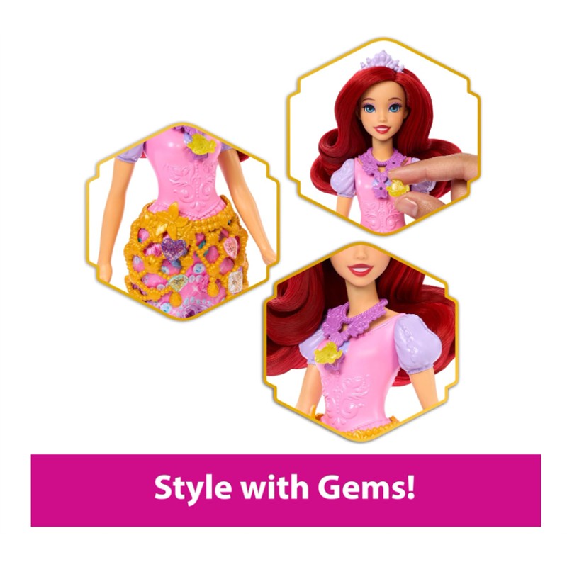 Fisher Price Disney Princess Fashion Doll Reveal featuring Ariel in a pink dress with a decorated skirt and gems.