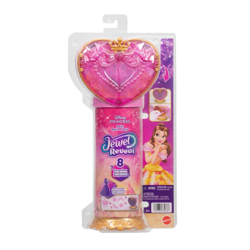 Disney Princess Fashion Doll Reveal - Belle set featuring a pink heart case and surprise accessories. Suitable for ages 3+.