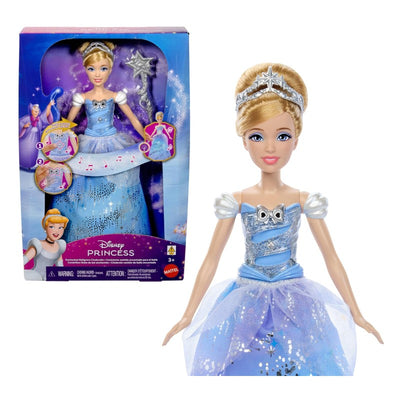 Light up Cinderella doll in a blue gown with sparkles and silver accents, packaged with musical features.