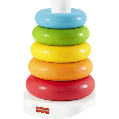 Colorful stacking rings toy by Fisher Price with five rings in blue, green, yellow, orange, and red on a white base.
