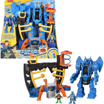 Fisher Price Imaginext DC Super Friends Batman Playset features a Robo Command Center with Batman and Robin figures, colorful accessories, and play features.