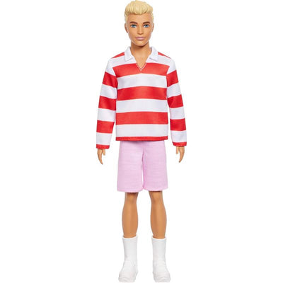 Ken Fashionista doll wearing a red and white striped long-sleeve shirt, pink shorts, and white boots.
