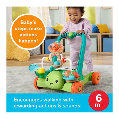 Kinetic Walker by Fisher Price features a smiling turtle design, encouraging walking with interactive actions and sounds. Ideal for ages 6 months and up.