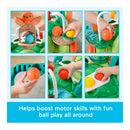 Fisher Price Kinetic Walker showcasing colorful ball play features; hands manipulating balls to enhance motor skills.