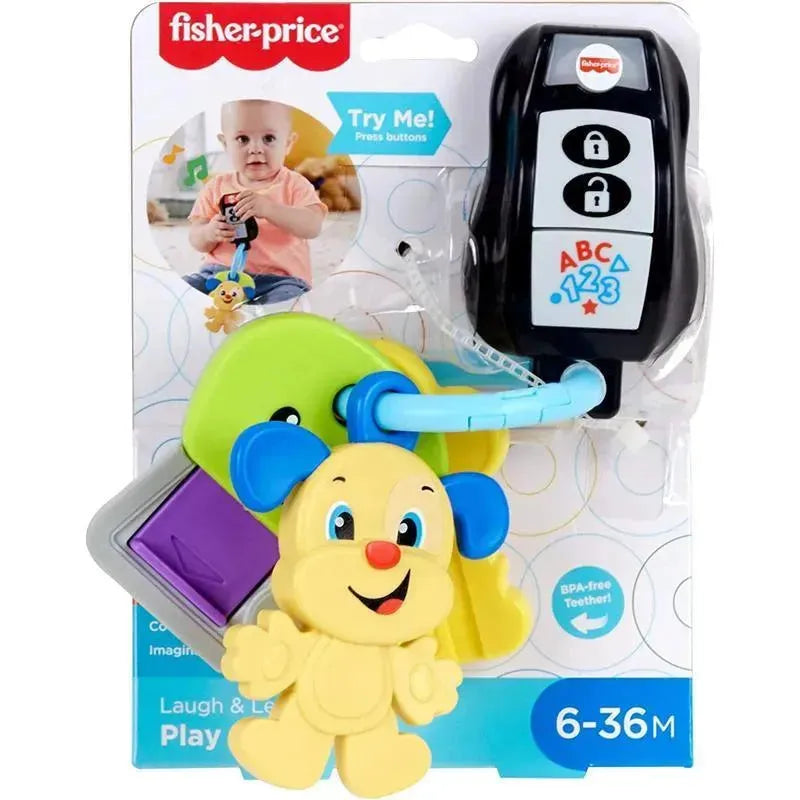 Fisher Price Laugh & Learn Baby to Toddler Toy Play & Go Keys featuring colorful keys and a smiling puppy, for ages 6-36 months.