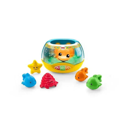 Fisher-Price Laugh & Learn Magical Lights Fishbowl toy featuring colorful fish, star, and smiling fishbowl with buttons.