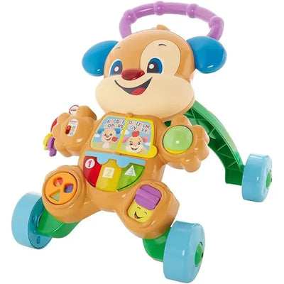 Fisher Price Laugh & Learn Puppy Walker featuring a smiling puppy face, colorful buttons, and a sturdy green base for toddlers.
