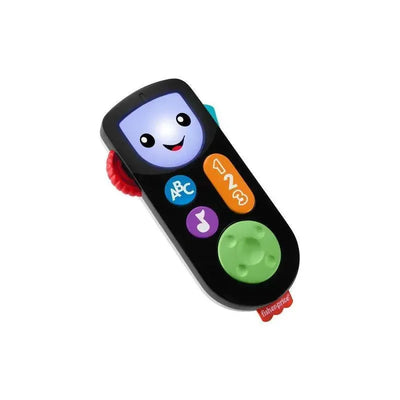 Fisher-Price Laugh & Learn Stream & Learn Remote featuring a smiling face, colorful buttons for numbers, letters, and music.
