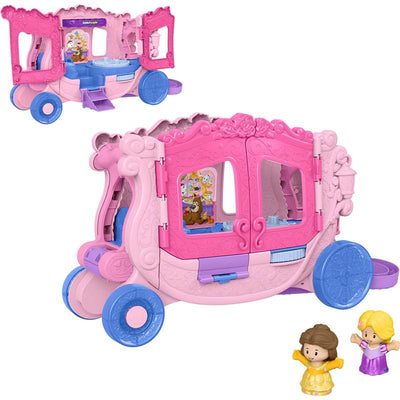 Fisher Price Little People Disney Princess Pull-Along Musical Carriage Playset with Belle and Rapunzel figures.
