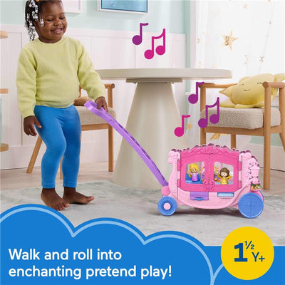 Toddler pulls a pink Disney Princess musical carriage toy, featuring two princess figures, while smiling and enjoying playtime.