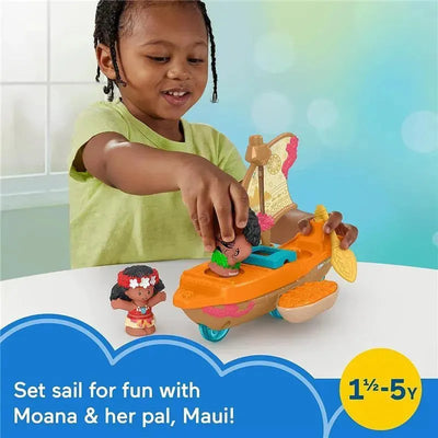 Fisher Price Little People Disney Princess Moana & Maui sailboat toy with two figures; child engaging with the playset.