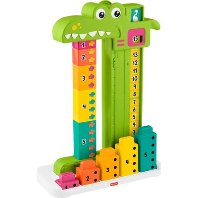 Fisher Price alligator-themed counting toy features 10 colorful stacking blocks and a height measuring scale beside it.
