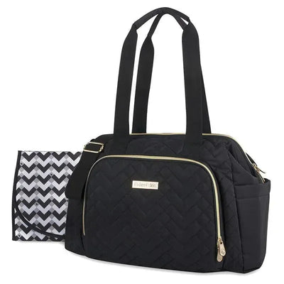 Quilted black diaper bag tote with adjustable crossbody strap and gold accents, accompanied by a matching changing pad.