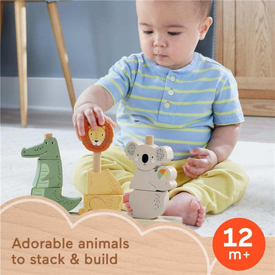 Baby playing with Fisher Price wooden animal stacking toy featuring a crocodile, lion, and koala. Suitable for ages 12 months and older.