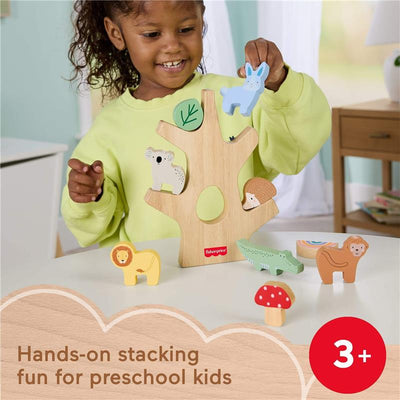 Wood stacking toy featuring a tree structure with colorful animal shapes, designed for preschoolers aged 3 and up.