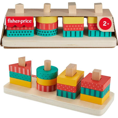 Fisher Price Wood Toddler Toy Shape Stacker with colorful, stackable geometric shapes on a wooden base, suitable for ages 2+.