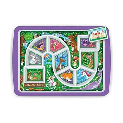 Colorful forest-themed dinner plate with sections for food, featuring whimsical illustrations of animals and motivational phrases.