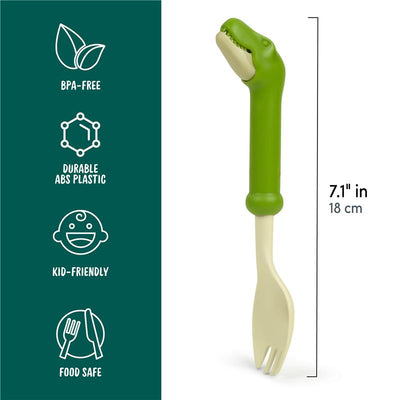 Spork shaped like a T-Rex dinosaur, 7.1 inches tall, made of durable BPA-free plastic, and intended for kids.