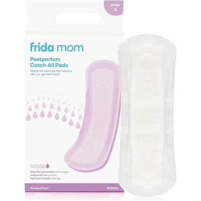 Frida Baby postpartum pads package featuring a maxi pad, labeled for ultra-flow protection with 6 layers.