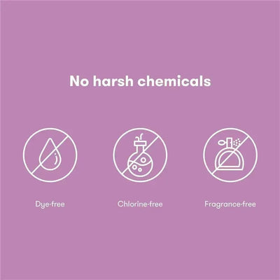 No harsh chemicals: dye-free, chlorine-free, and fragrance-free icons on a purple background.