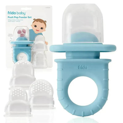 Frida Baby Push Pop Feeder set in blue, including a feeder and three detachable fruit mesh inserts, designed for safe feeding.
