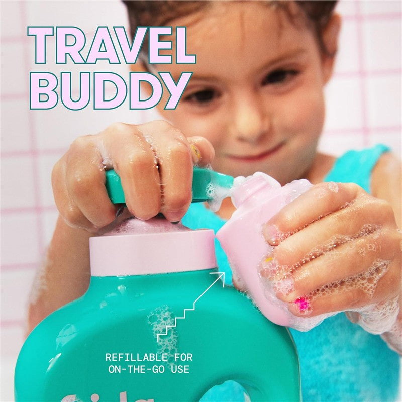 Two hands, one child, using Frida for Kids 2-in-1 Shampoo & Conditioner, colorful bottles with bubbles, travel-friendly feature highlighted.