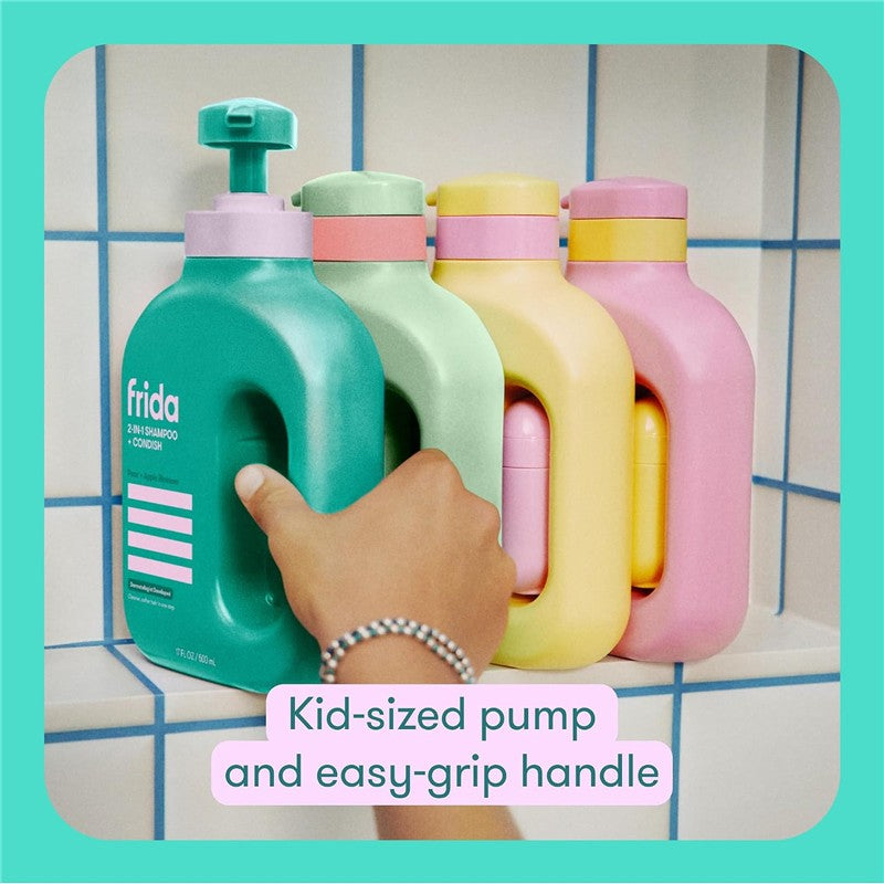 Frida for Kids 2-in-1 Shampoo & Conditioner bottles with easy-grip handles displayed on a tiled shelf.