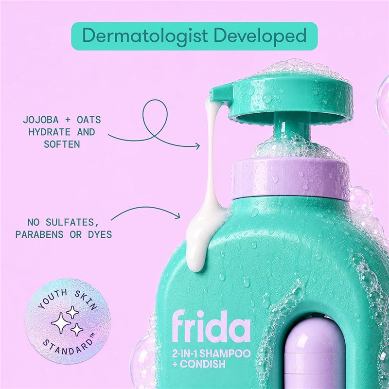 Frida for Kids 2-in-1 Shampoo & Conditioner, 17 oz, features a turquoise container with purple pump, highlighting hydrating jojoba and oats.