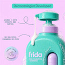 Frida for Kids 2-in-1 Shampoo & Conditioner, 17 oz, features a turquoise container with purple pump, highlighting hydrating jojoba and oats.