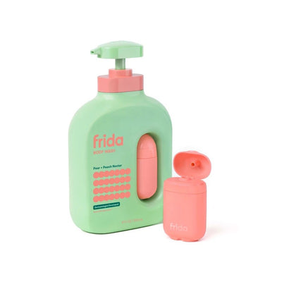 Frida for Kids Body Wash in a green and pink bottle, 17 oz, featuring Pear and Peach Nectar scent, alongside a small pink container.