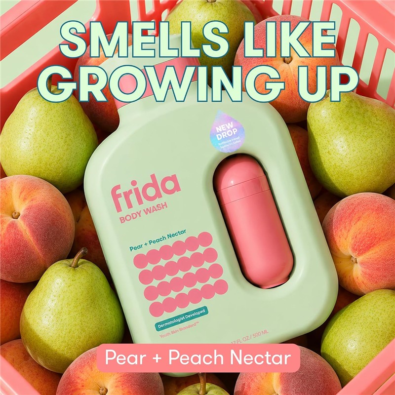 Frida Kids Body Wash in a green bottle, featuring Pear + Peach Nectar scent, surrounded by apples and pears.