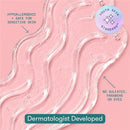 Clear gel body wash on a pink background, labeled as hypoallergenic and safe for sensitive skin, dermatologically developed.